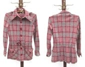 Monday Monday - 1970s grey pink red Plaid Jacket Knit groovy and awesome unique lapel Small Medium british awesome