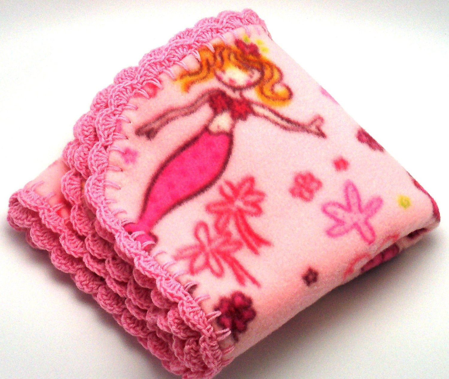 Fleece Blanket with Mermaid print / Crocheted Edge. READY to SHIP Grand Opening Sale 20% off. Use code GrandOpening20 at checkout.