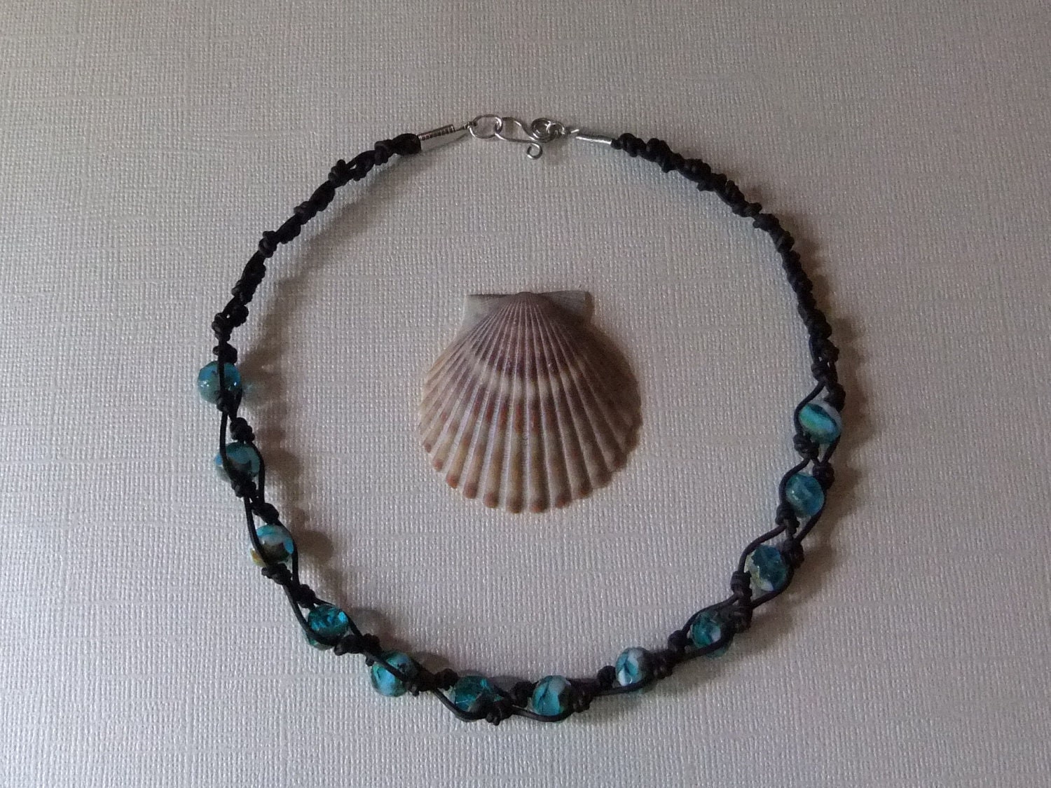 Woven Leather Necklace Turquoise Blue Czech Glass "Cozumel"