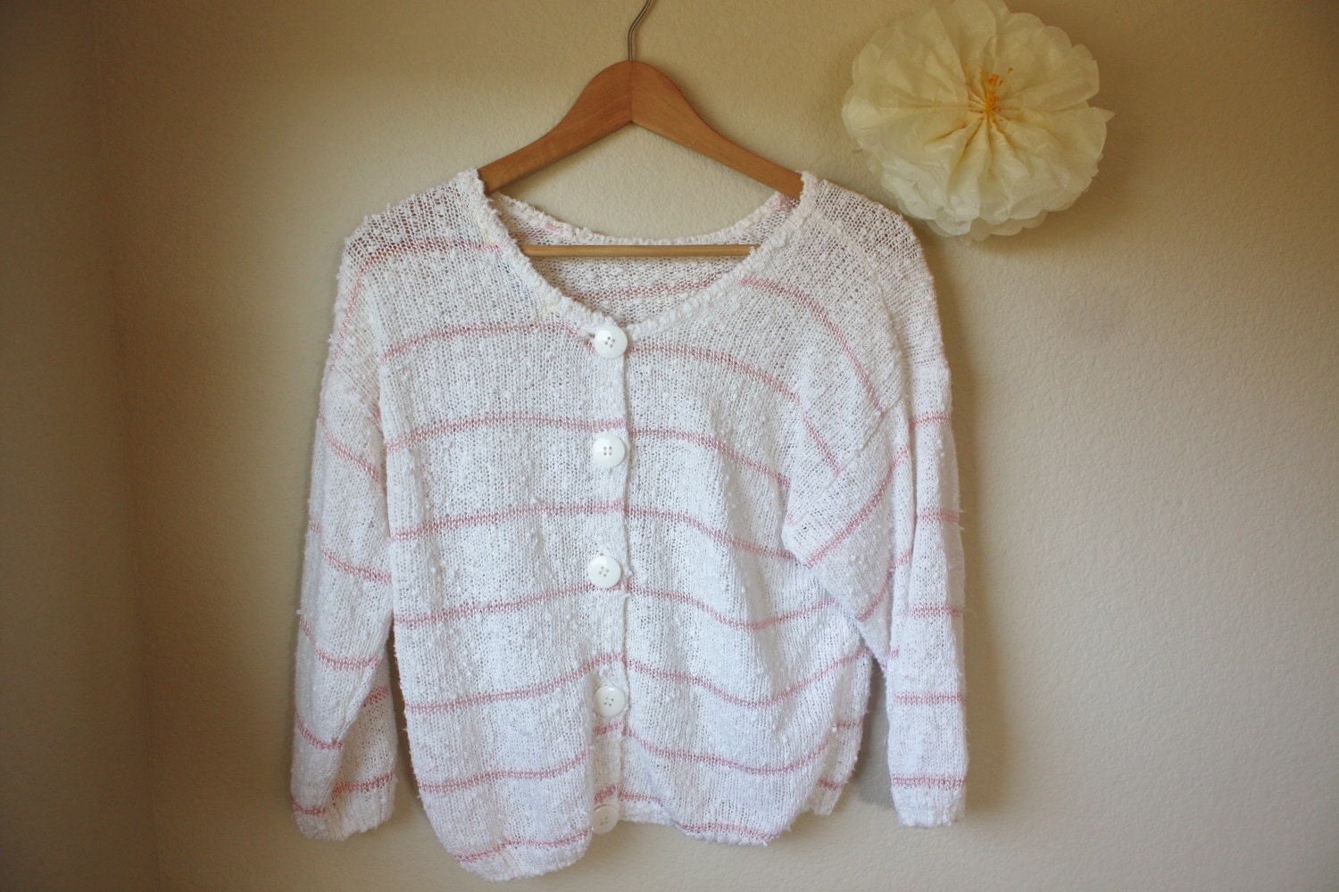 Vintage 1980's white and pink stripped crop top knit slouch sweater