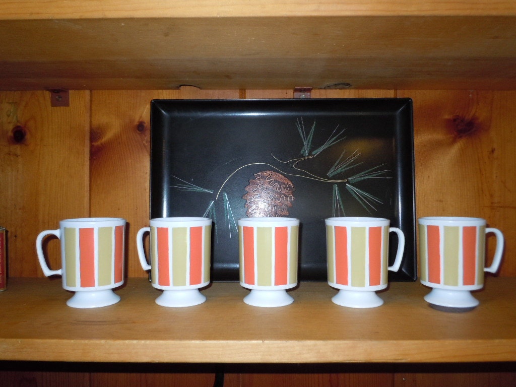 SALE* Vintage 70's Set of 5 Plastic Coffee Mugs Orange-Gold and White-Camping-Pool Side