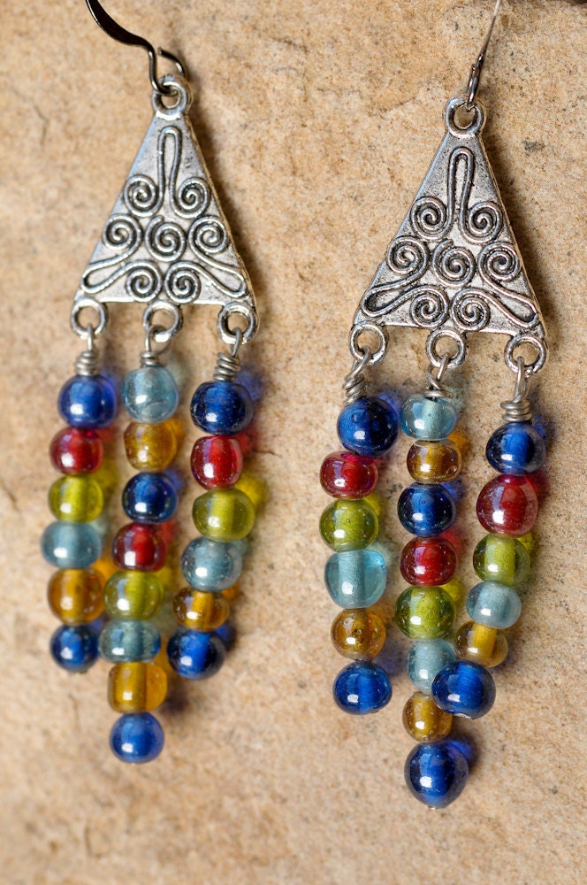 Rainbow earrings,  blue, green, red, glass beads, multicolored triangle, hostess gift