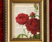 RED TEA ROSES Collage Mixed Media Paper Art Print on Book Page or Dictionary Page 8x10