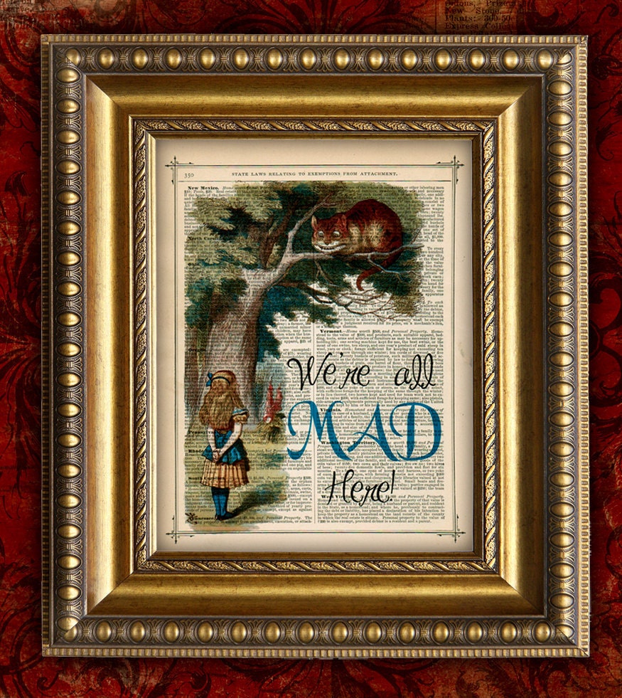 ALICE In WONDERLAND Vintage Art Book Print Alice Cheshire Cat on Antique Book Page Art Print or Dictionary Page Art Print 8x10