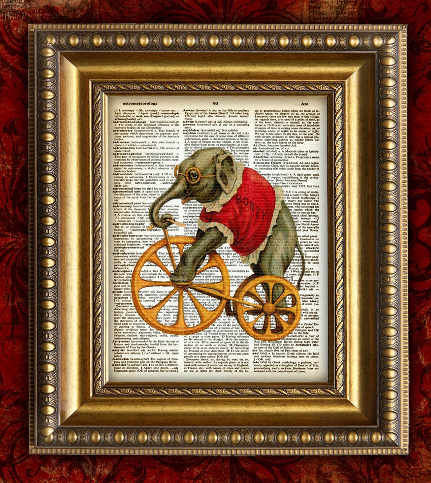 CIRCUS ELEPHANT 2 Vintage Art Print 8x10 on Antique Book Page Art Print on Dictionary Page Art Print