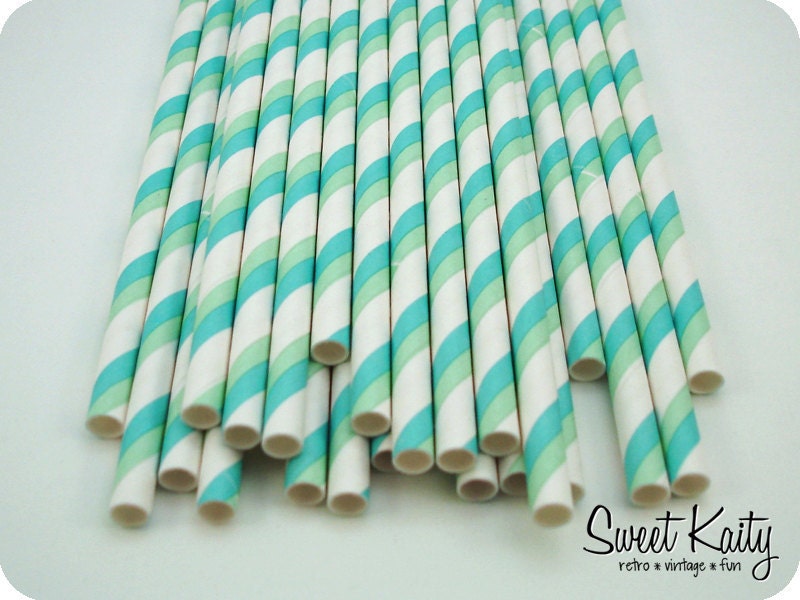 Striped Paper Straws - 25 Aqua and Green Striped Paper Drinking Straws with FREE Printable Flags