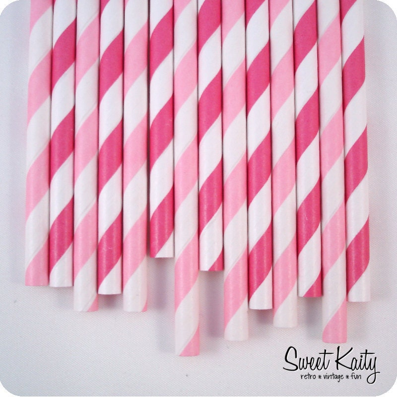 50 Pink Paper Party Straws - Candy Shoppe Mix - with Printable Flags