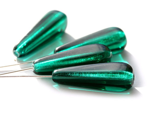 Teal green czech beads - glass long squared teardrops 27x10mm - 6Pc - 23