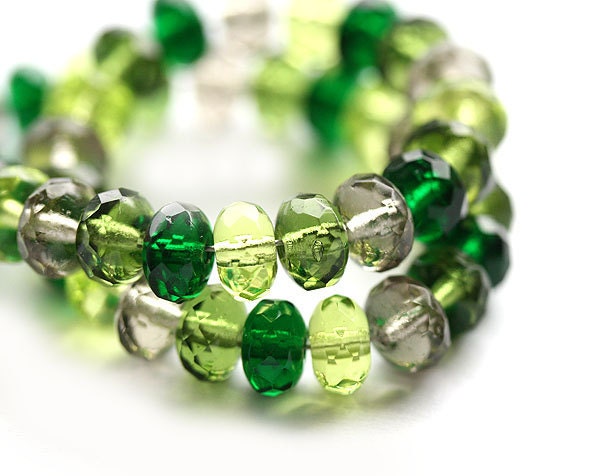 Spring green Czech glass beads mix, jewelry making, spacers rondel beads - 4x7mm - 25Pc - 290