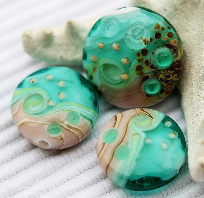 Lampwork beads, Teal green handmade glass beach set SRA - Teal Lagoon TRIO ocean