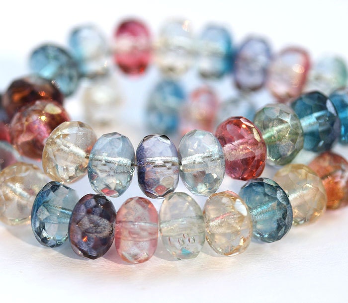 Czech beads Jewel tones mix, glass beads spacers in pink, blue, purple, yellow - 7x4mm - 25 Pc - 0210