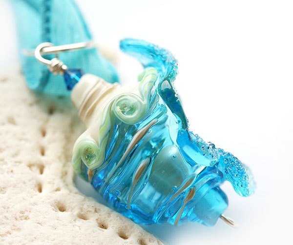Aqua blue Glass Shell Pendant - sea color handmade lampwork glass OOAK beachy bead on sterling silver with natural pearl