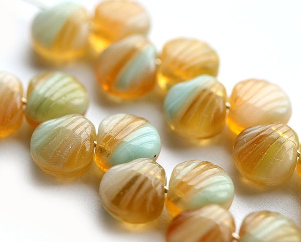 Amber and blue shells Czech Glass beads, mix - 9mm - beach, nautical - 20Pc - 0297