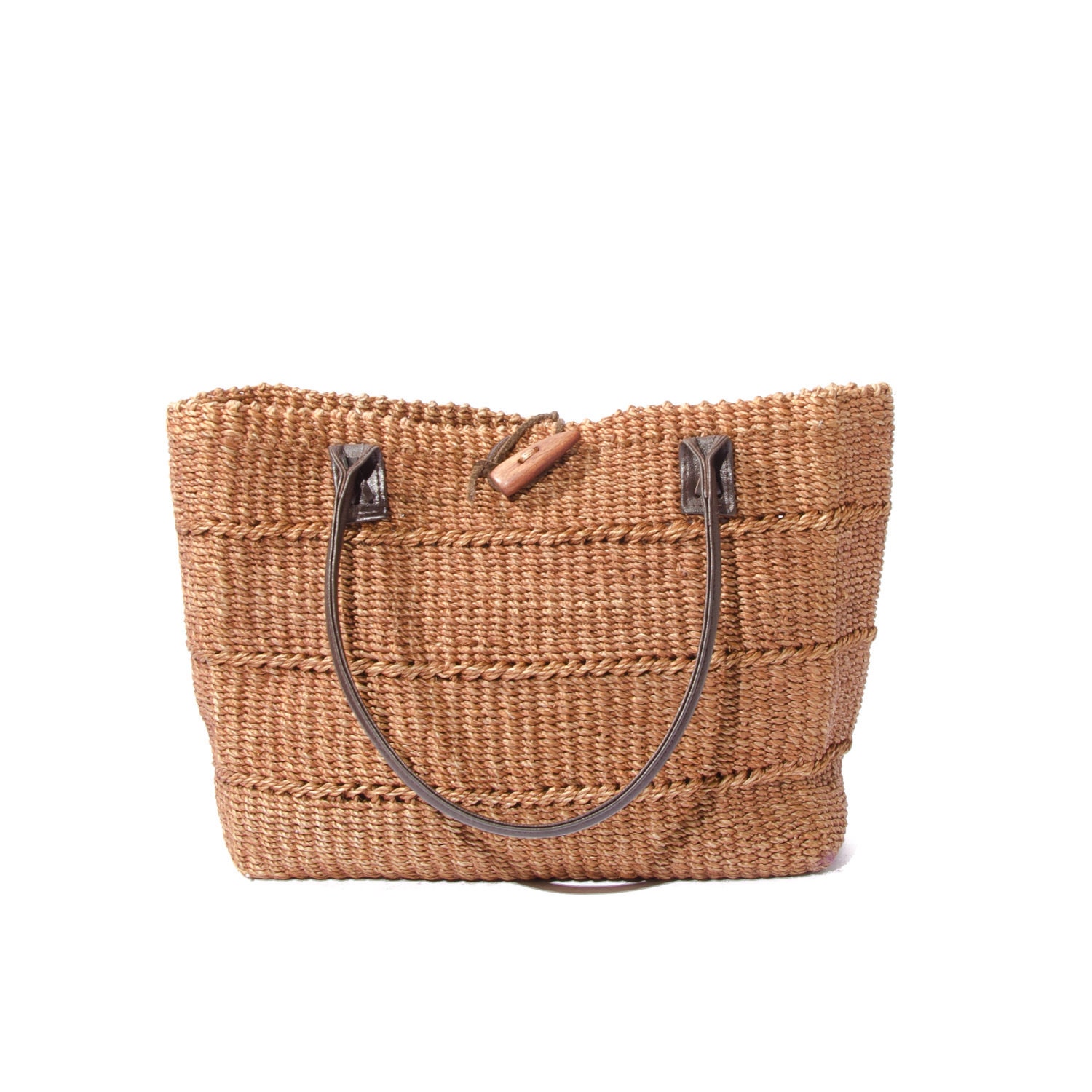 Vintage Woven Bag Sisal Tote Leather Trim Fall Colors