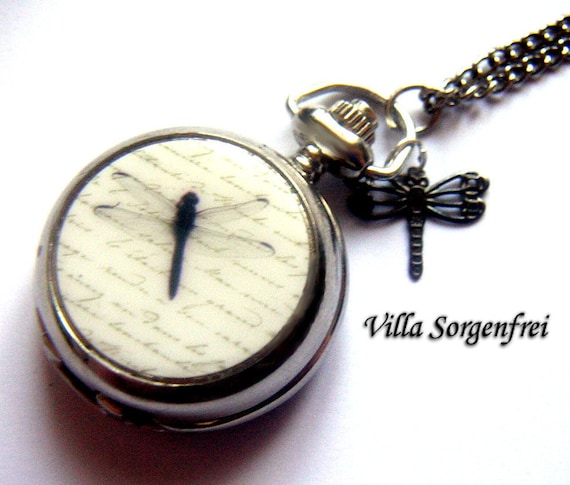 DRAGONFLY PARTNERS -  enameled  pocket watch necklace with two dragonflies