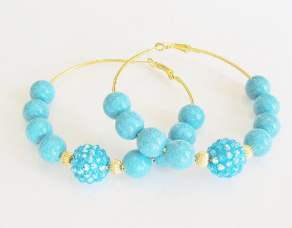 Turquoise Rhinestone Hoop Earings.
