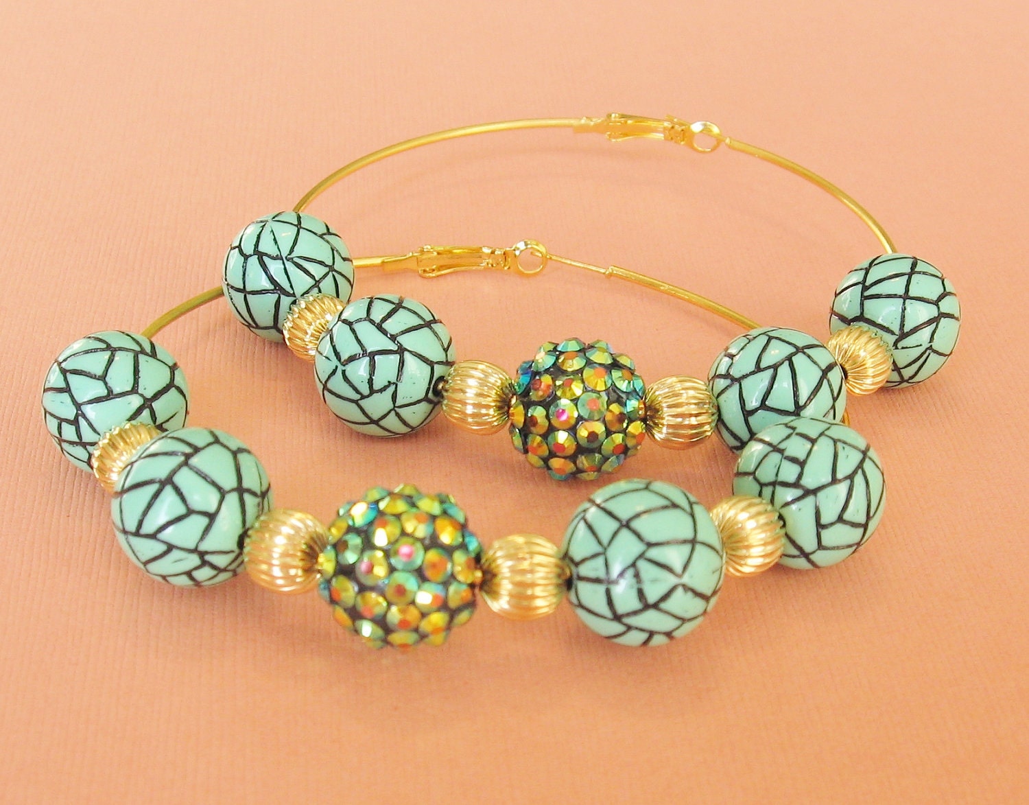 Turquoise Rhinestone Hoop Earings.