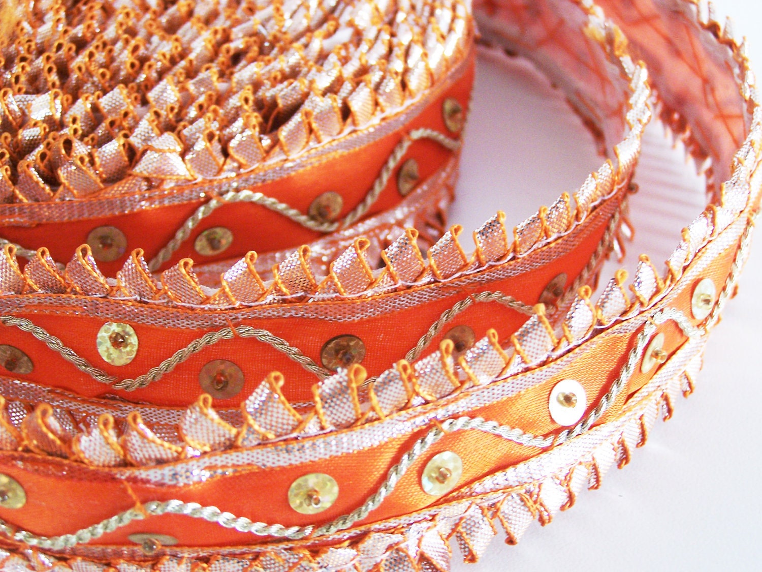Orange gold handmade lace sequins, metallic chord (1  1/2 inch) - 1 yard