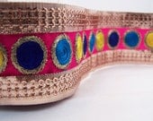 Shocking Pink Silk Trim with Rose Gold sequins Boarder and embroidered Circles (approx. 1 3/4 inch) - 1 yard