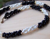 Vintage 3-Piece Jewelry Wardrobe of Black Bead And White Natural Freshwater Pearl Triple Strand Necklace, Bracelet, and Anklet