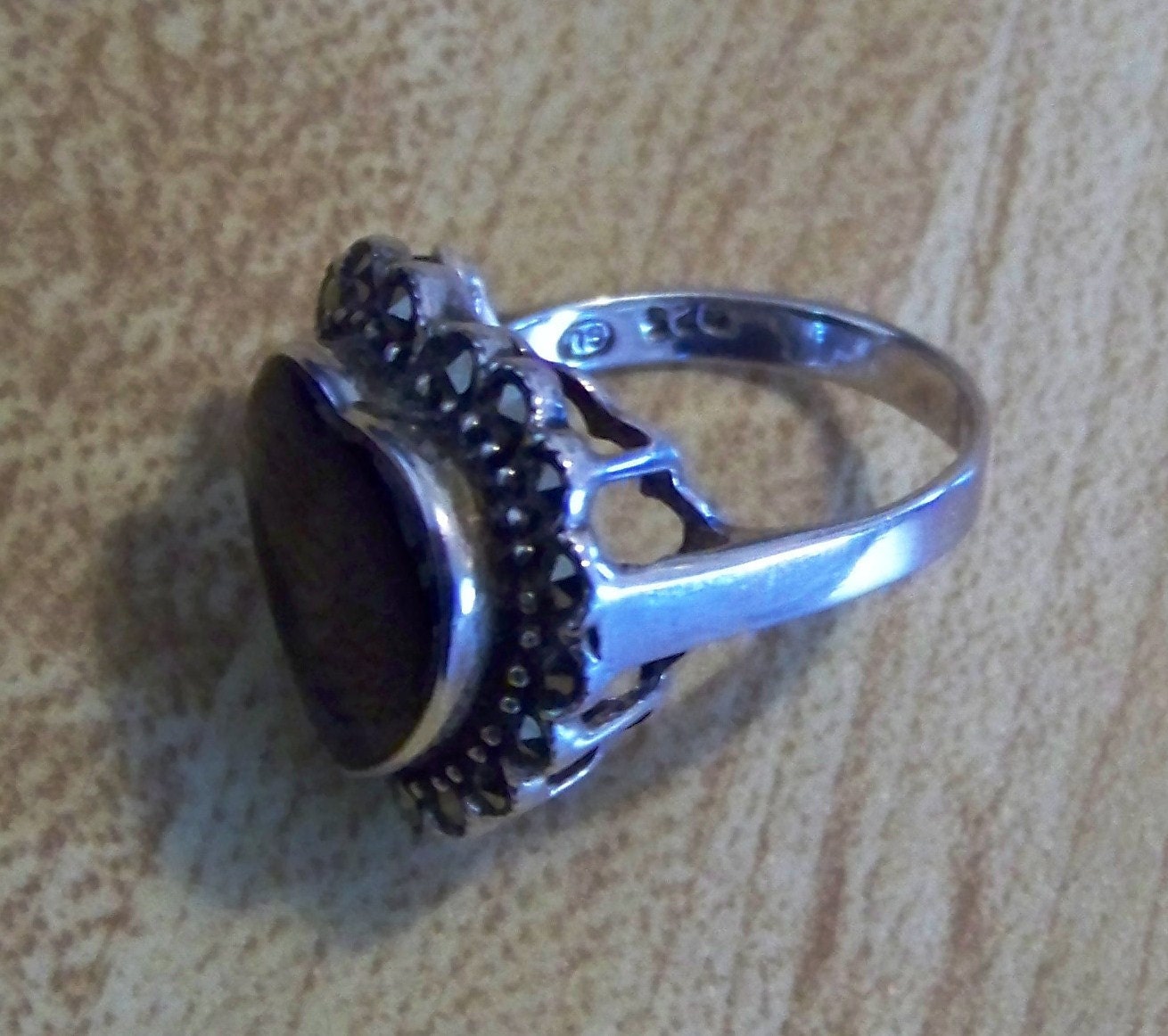 Vintage Sterling Silver Black Onyx and Marcasite Heart Shaped Ring Valentine's Gift