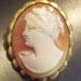 Antique Cameo Brooch / Pin of a Woman Carved in Coral Shell and set in Rolled Gold