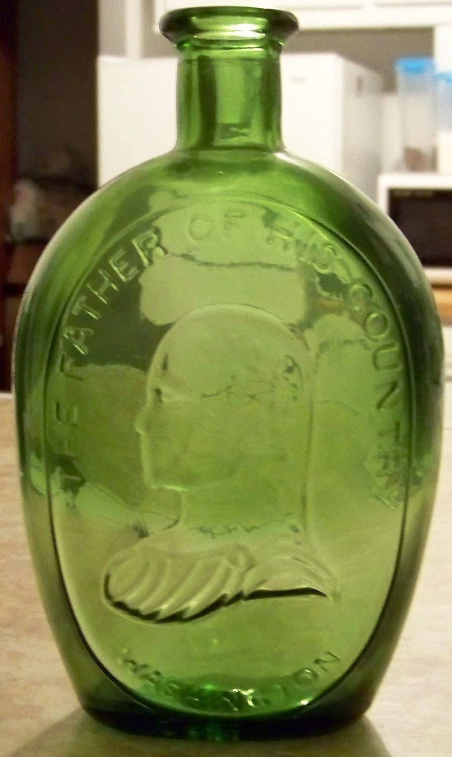 Vintage Green Glass Decantor Depicting The Father of our Country, George Washington, Wheaton NJ