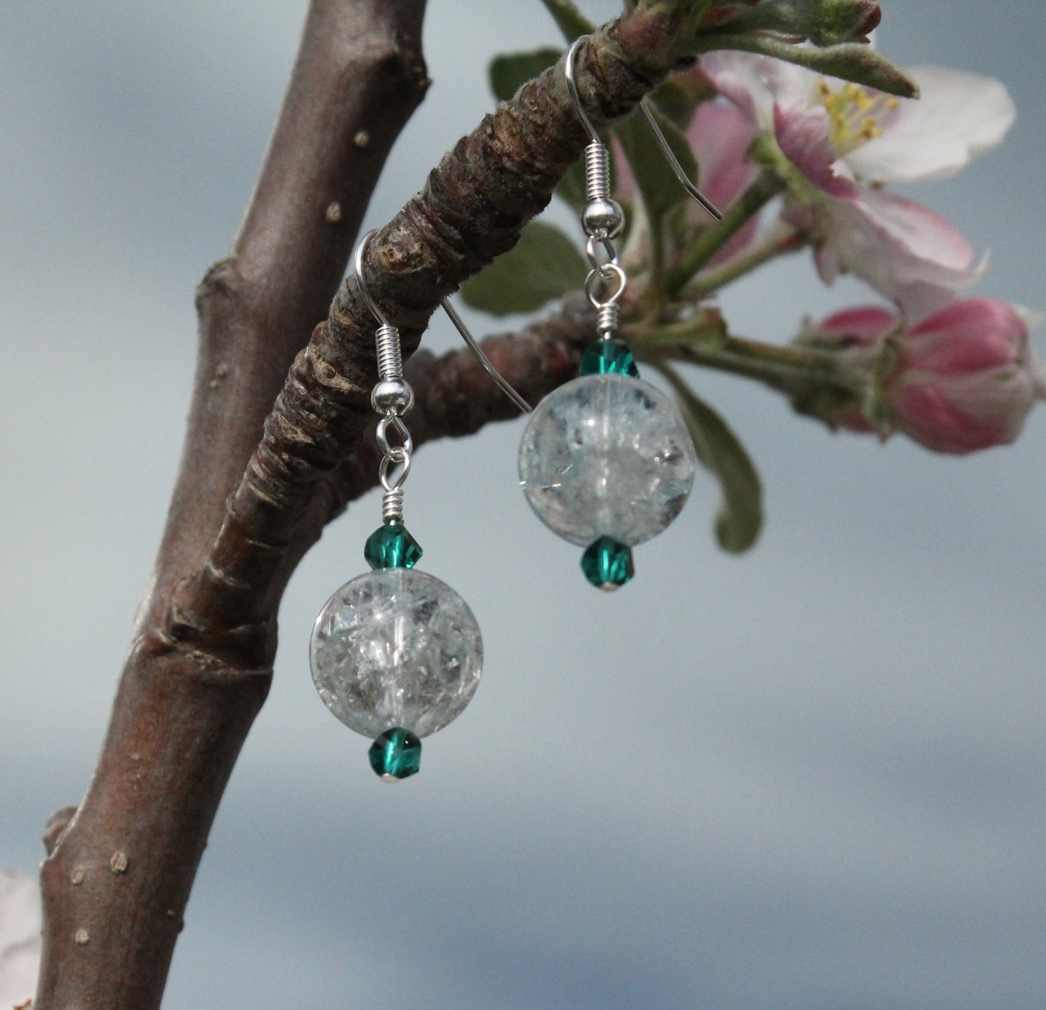 White Tourquoise and Green Crystal with Silver Beaded Earrings
