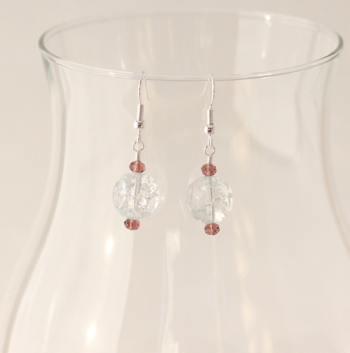Clear Crackle Glass & Purple Crystal with Silver Earrings