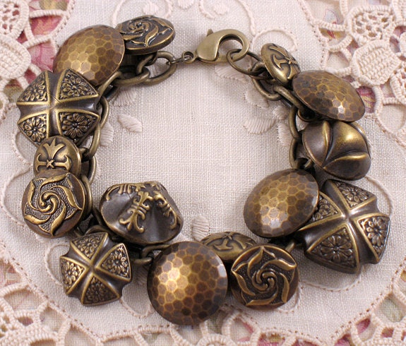 Vintage Style Button Bracelet with Floral Designs - Antique Gold - Spring - Gifts Under 20