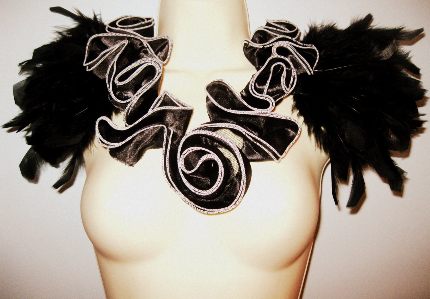 Steampunk jewelry black feather ruffle statement collar with epaulettes epaulets