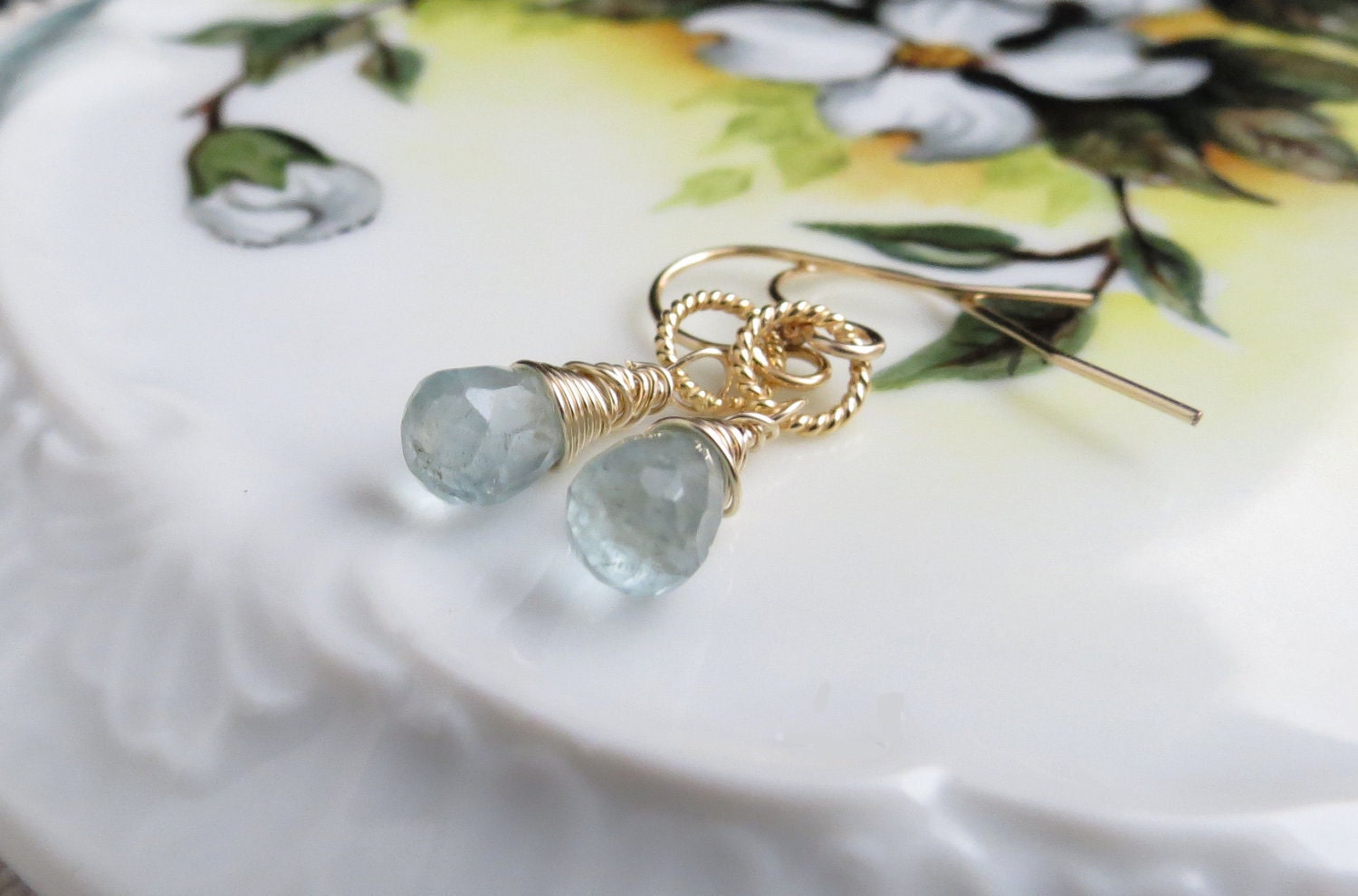 Natural Blue Aquamarine Wire Wrapped Gold Earrings