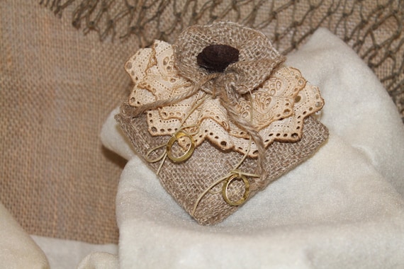 Rustic Burlap and Lace Ring Pillow..Oudoor Wedding..Woodland Wedding..Country Wedding