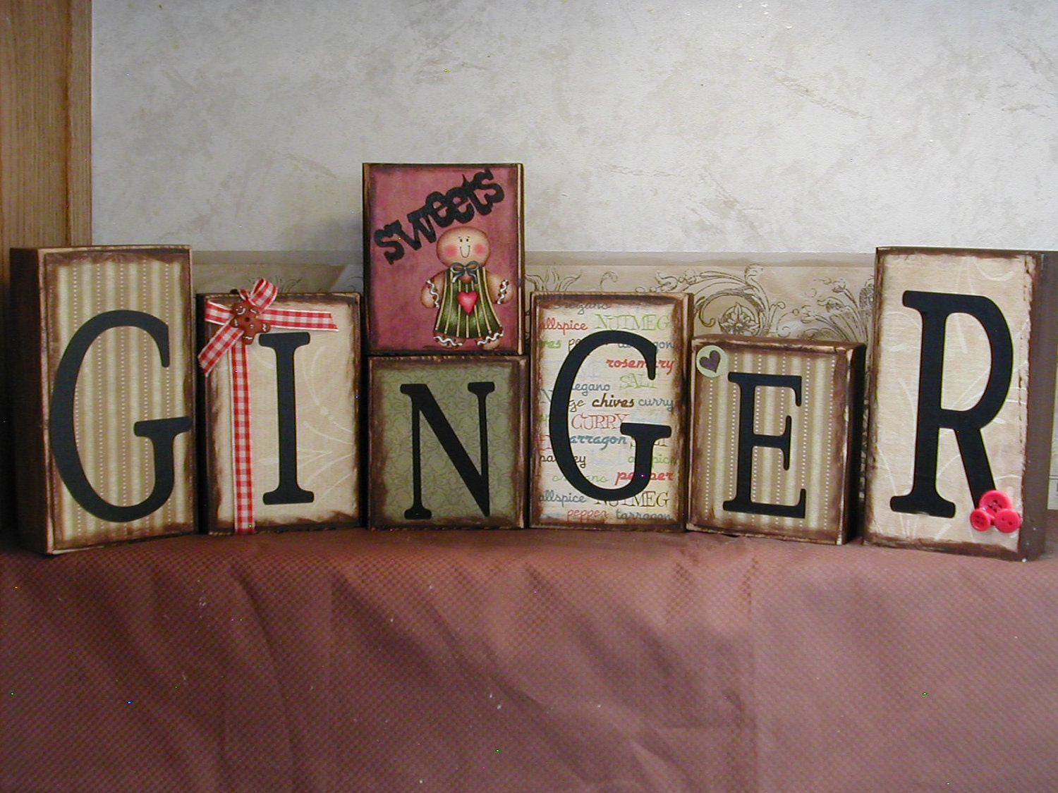 Gingerbread girl word blocks -shelf sitters -wall hangers for the collector