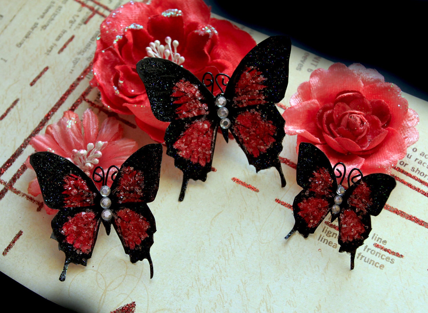 Butterly Set- Cherry Crush Glitter Glass Butterflies  Scrapbook Embellishment Tag Card Mini Album Wedding
