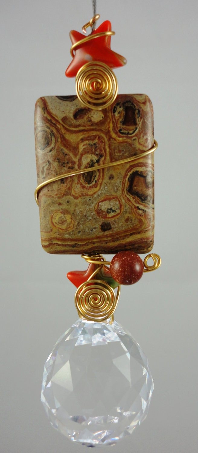 Crystal Suncatcher with Picture Jasper, window hanging, rainbow maker, garden art, free shipping D22