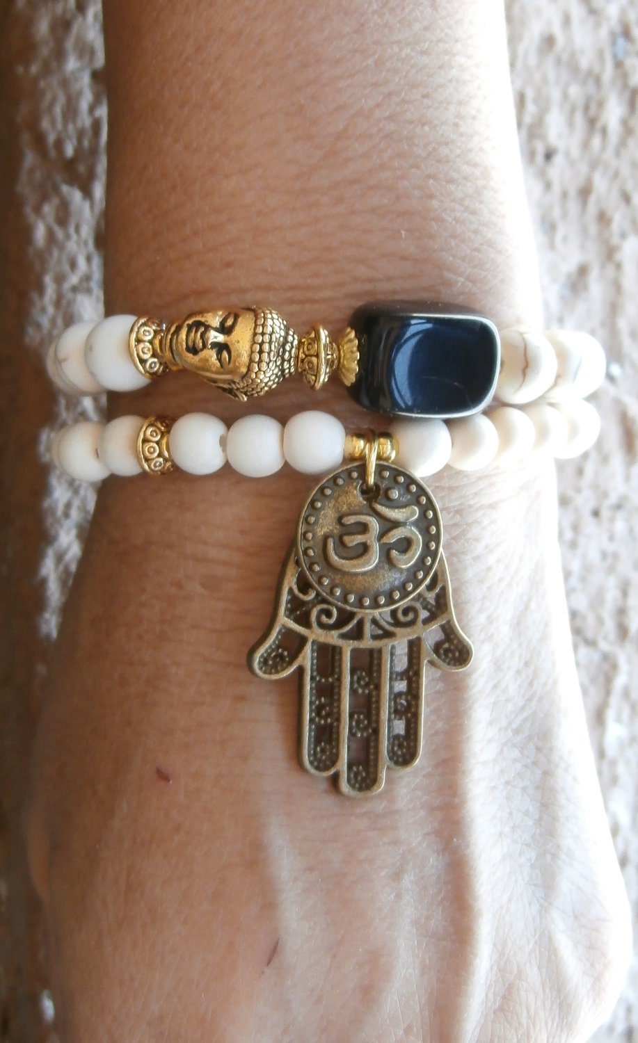 Truth and Knowledge Black Obsidian & Howlite with natural white wood, Buddha Bracelet set of 2 with Om and Hamsa hand, Reiki, free shipping