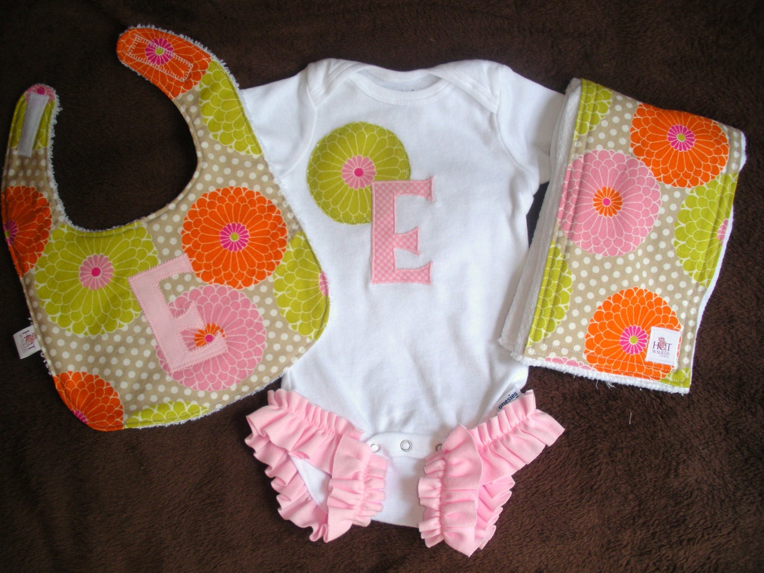 3 Piece- Monogrammed Onesie, Bib, and Burp Cloth- Chrysanthemums