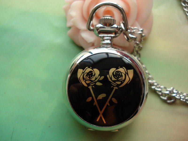 Small Antique Bronze Vintage Filigree Painted Ceramics Golden Rose Flowers Branch on Black Base Silver Pocket Watch Locket Necklaces