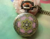 Small Antique Bronze Vintage Filigree Painted Pink & Yellow Lucky Flowers with Diamond Jewel Round Pocket Watch Locket Pendants Necklaces