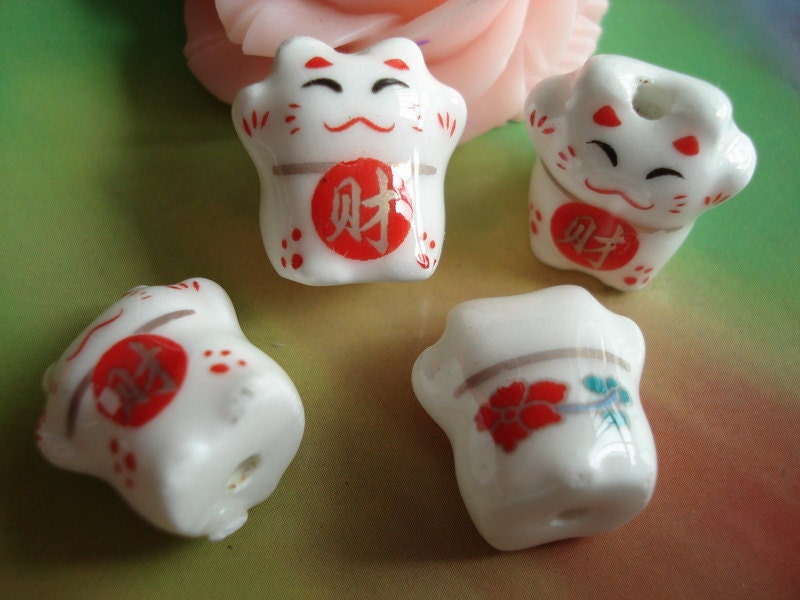 10 pcs 14x14mm Cute Hand Painted Red Fortune cats Ceramic pottery Beaded Beads g42740