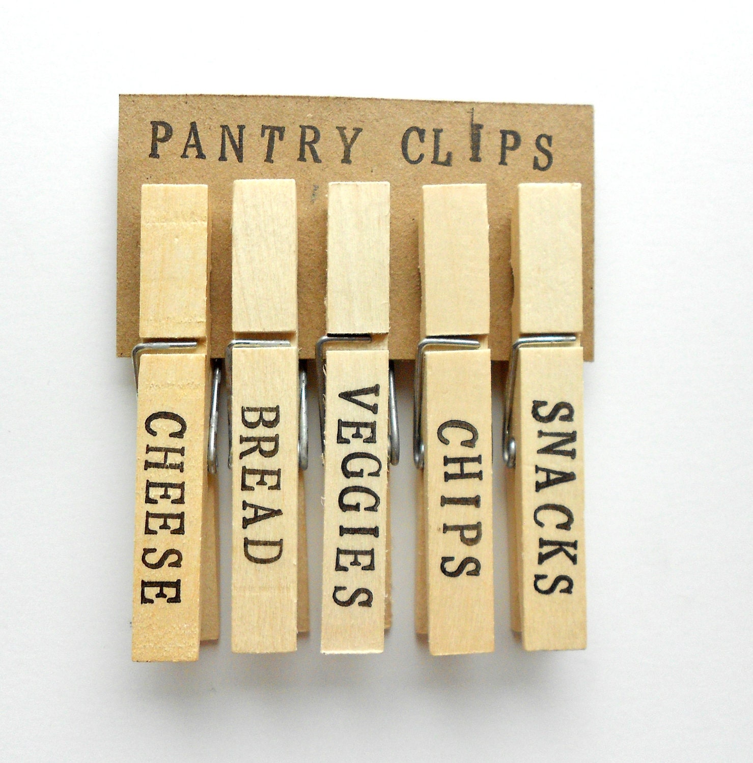 Customizeable Pantry Food Clips - Set of 5 Large Clothespins - Hand Stamped