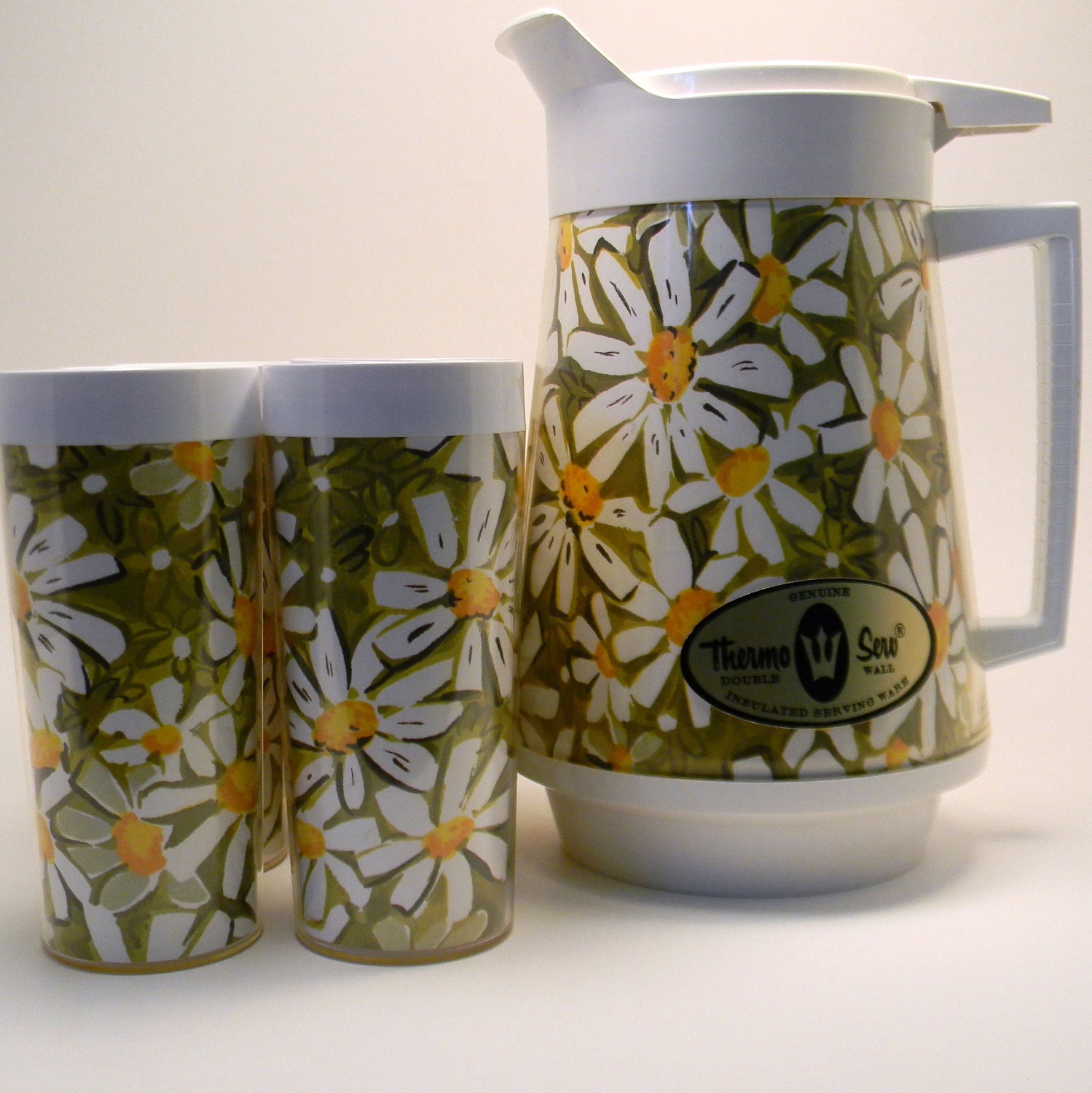 Daisy Beverage Set, 7 Piece Vintage 1960s Thermo Serv Pitcher & Tumblers