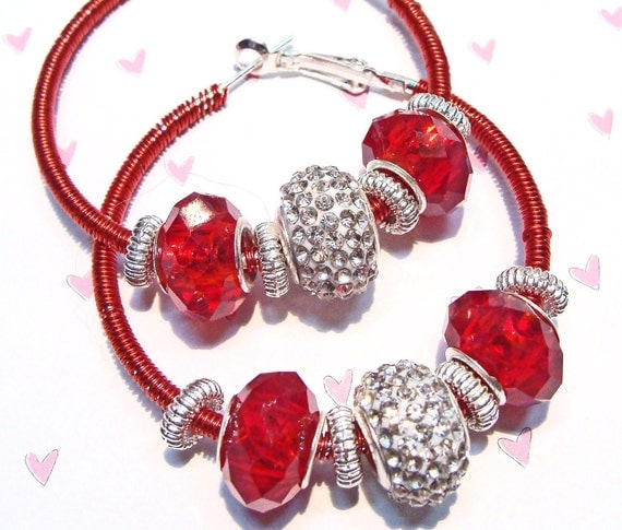 Red Wire Wrapped Hoop Earrings with Crystals and European Large Hole Beads