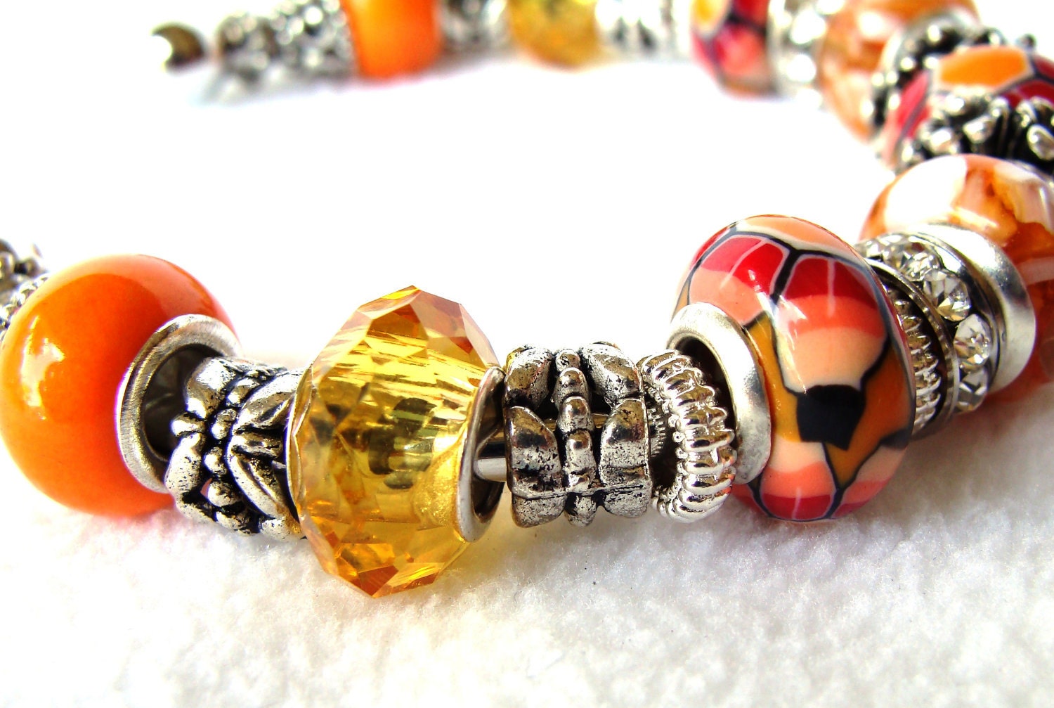 Spring Shades of Orange, Mustard and Red European Beaded Cuff Bracelet