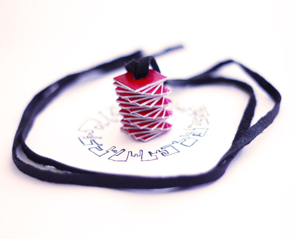 Twister red necklace - with brown leather, tornado necklace