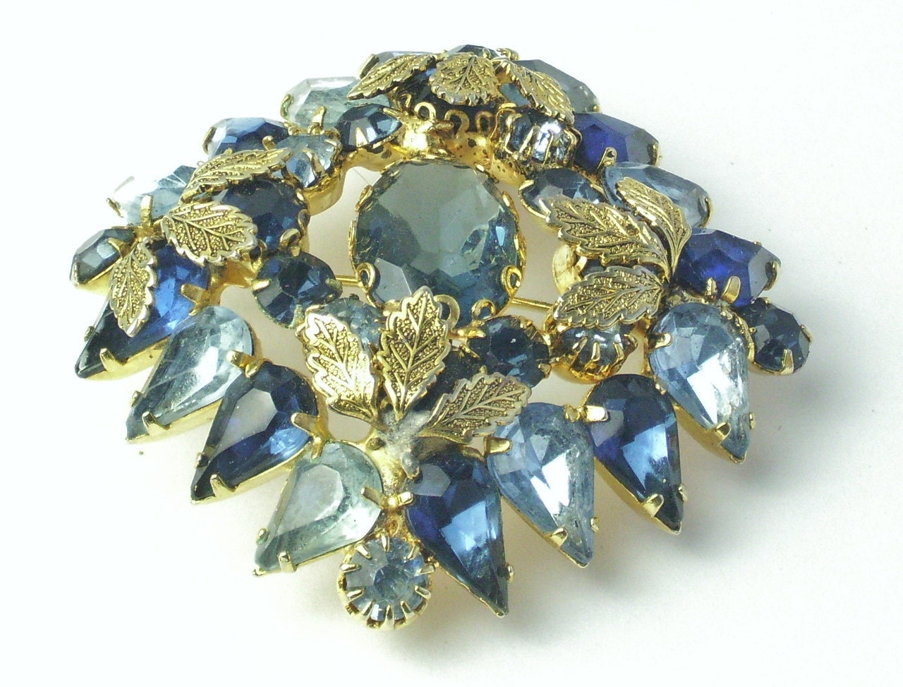 Montana Sky Blue Sapphire Blue Rhinestone Detailed Gold Leaf Fabulous Vintage BROOCH Pin on Etsy