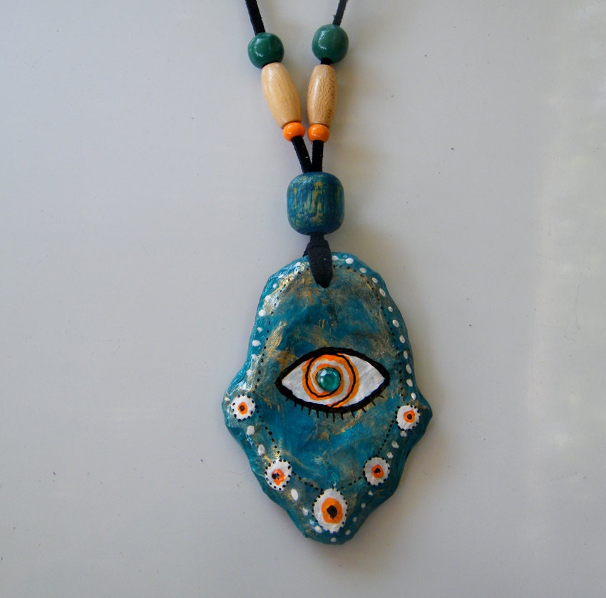Sale - Turquoise HAMSA - ewelry - recycled PENDANT - upcycled paper mache - teacher present - Under 20 dollar - free shipping