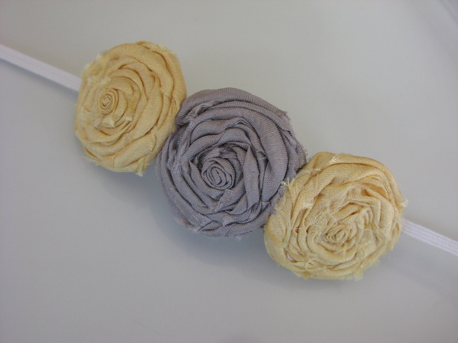 Baby Headband Yellow and Gray - Fabric Flowers - Flower Headband - Three Rolled Rosettes on Skinny White Elastic Headband - Baby Headbands