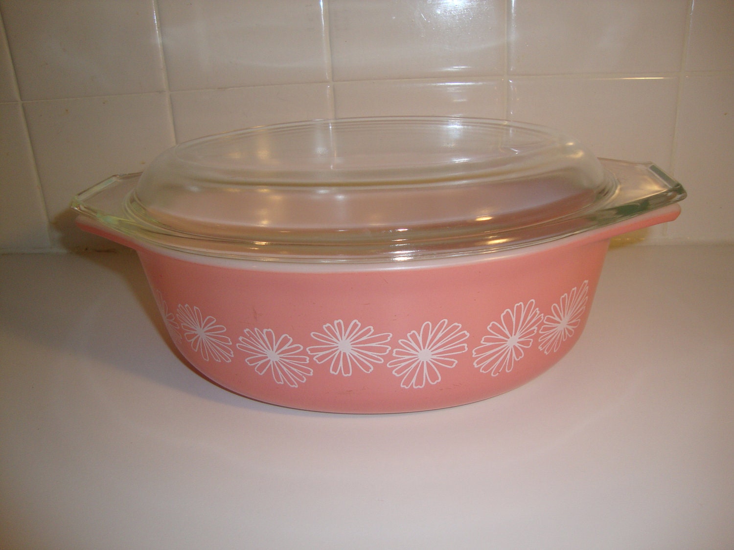 Vintage Pyrex Casserole Pink Daisy Pattern by WintervilleWonders